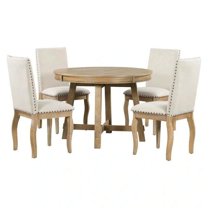 5-Piece Farmhouse Dining Table Set Wood Round Extendable Dining Table and 4 Upholstered Dining Chairs