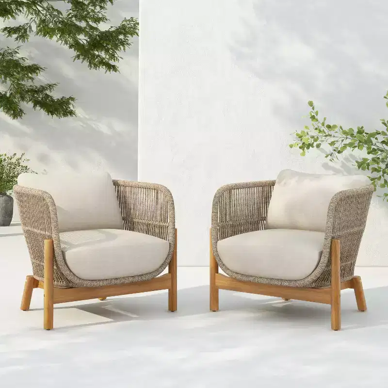 Christopher Knight Home Timothy Patio Aluminum, Acacia and Rope Club Chairs with 6 Cushions (Set of 2)