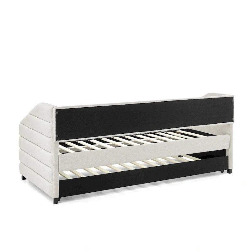 Beige Twin Linen Daybed with Pull-Out Trundle