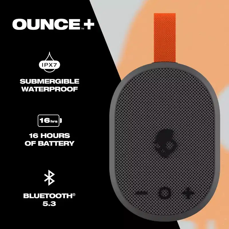 Skullcandy Ounce+ Wireless Bluetooth Speaker - IPX7 Waterproof with 16 Hour Battery, True Wireless Stereo, and Nylon Carry Strap, Dark Grey
