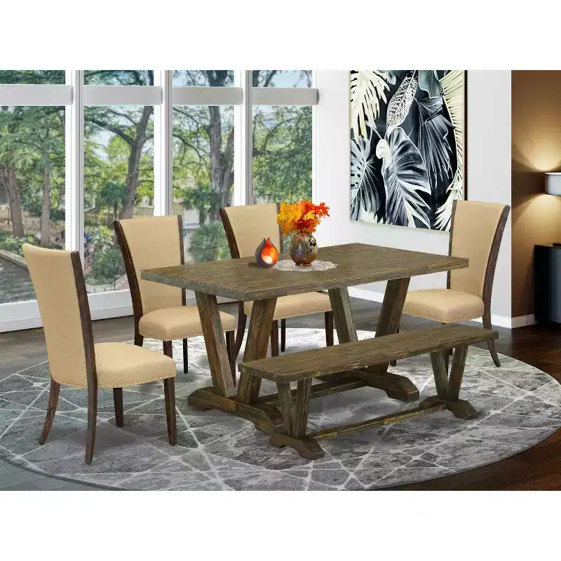 HomeStock 6-Piece Rectangle Distressed Jacobean Finish Solid Wood Top Dining Table with 1-Bench, 4-Chairs