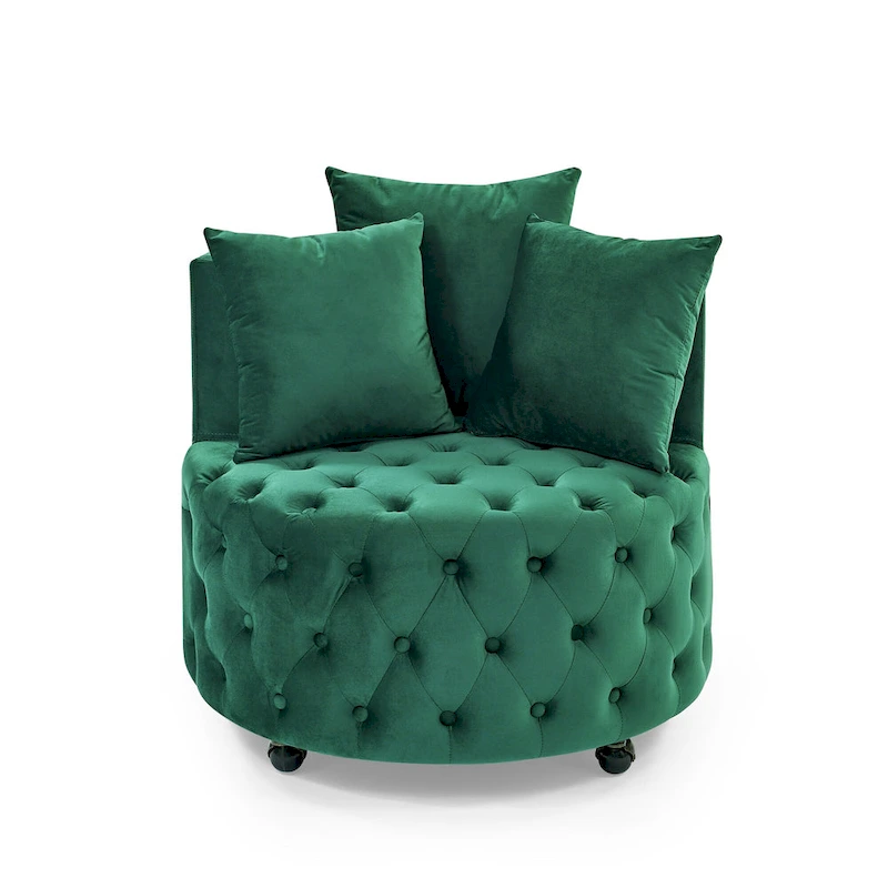 Living Room Velvet Swivel Chair with Button Tufted Design, 3 Pillows & Movable Wheels