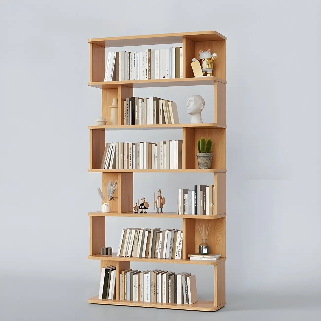 Tall Modern Walnut Open Back 6-Shelf Wood Bookcase