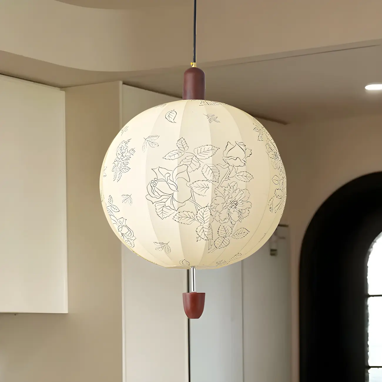 Elegant Flower Pattern Beige Fabric Geometric Chandelier