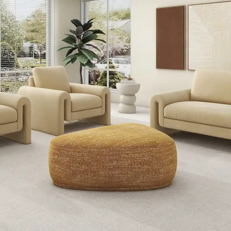 Mustard Yellow Tweed / Tan Brown Leather Rounded Triangle Ottoman, Seats 2