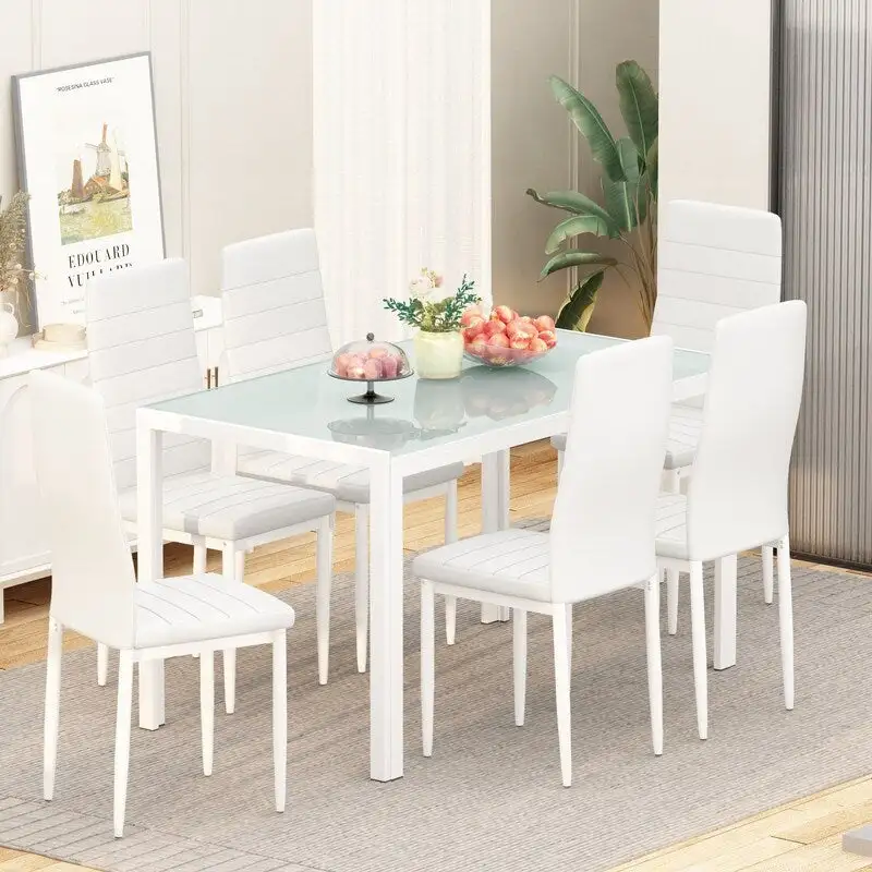 Grondin Modern Style 7-Piece Dining Room Table Set with Tempered Glass Tabletop and 6 PU Leather Upholstered Chairs