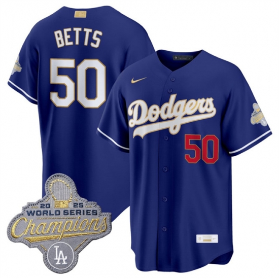 Los Angeles Dodgers 50 Mookie Betts Royal 2026 Alternate Gold Collection Stadium Stitched Baseball Jersey