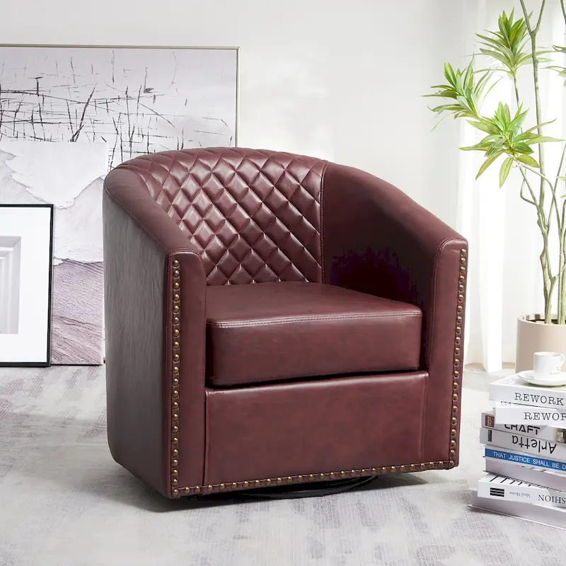 KINWELL 29 Wide Tufted PU Leather Swivel Barrel Chair