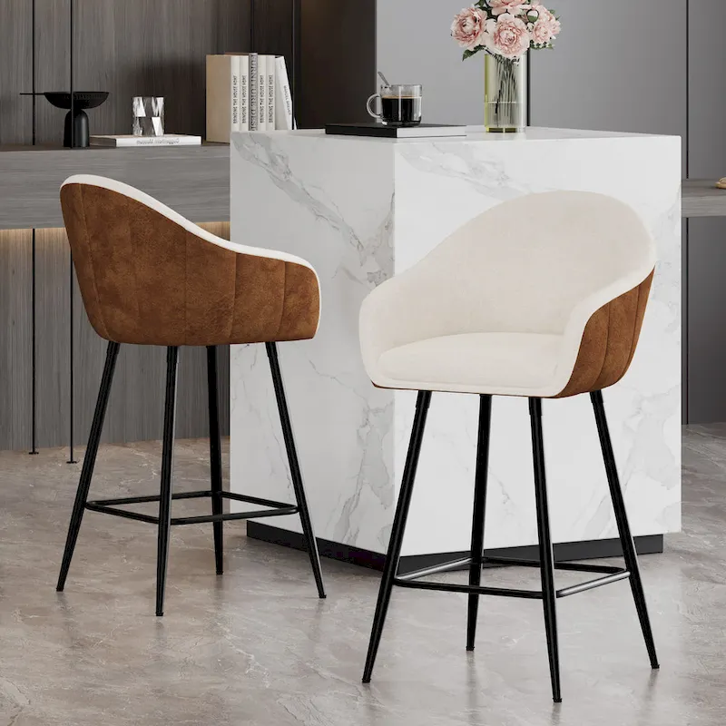 26.5 Modern Upholstered Counter Stools, Set of 2 Bar Height Chairs with Metal Legs and Cushioned Seat, Beige+Brown