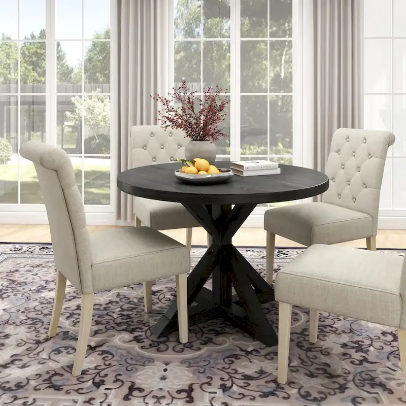 Roundhill Furniture Banff 5-Piece Round Dining Set, Cross-Buck Round Table with 4 Tufted Chairs