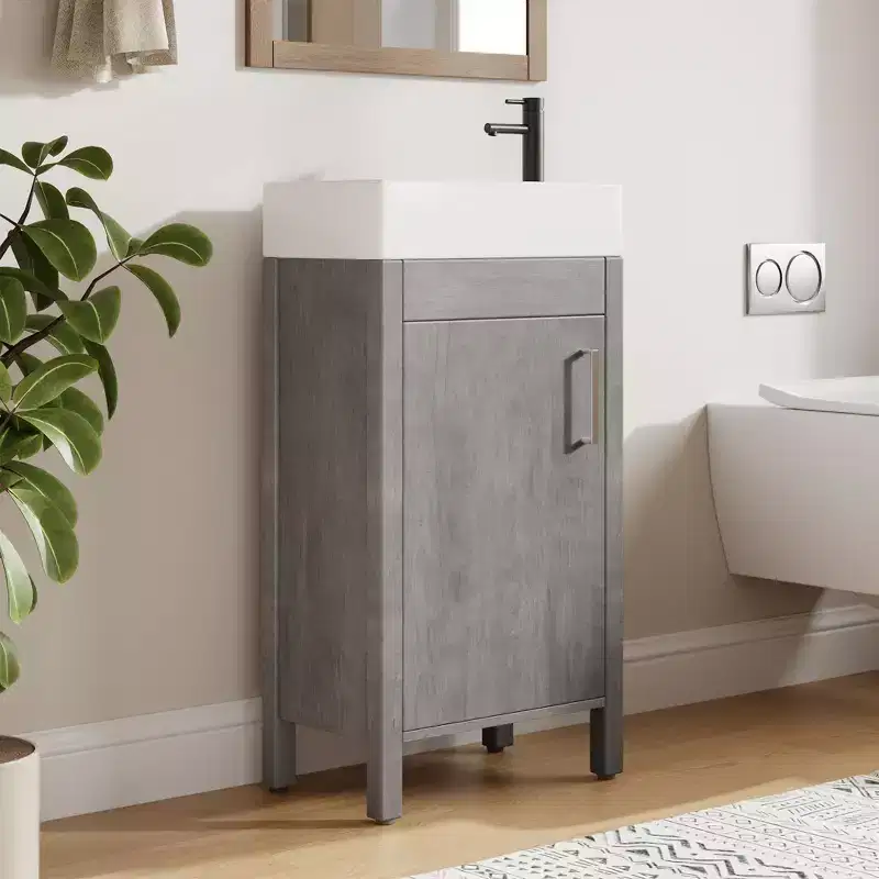 Space-Saving Modern Bathroom Vanity with basin - 16 Inch Freestanding Wooden Cabinet, Metal Handle, Farmhouse Style, Easy Assembly
