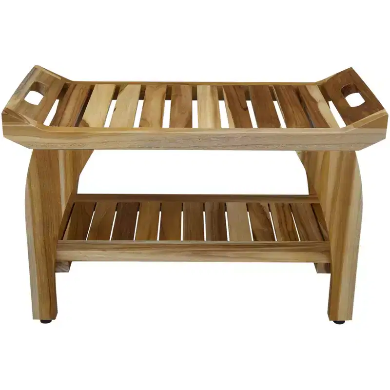 HomeRoots 29 Teak Rectangular Shower Outdoor Bench With Handles In Natural Finish