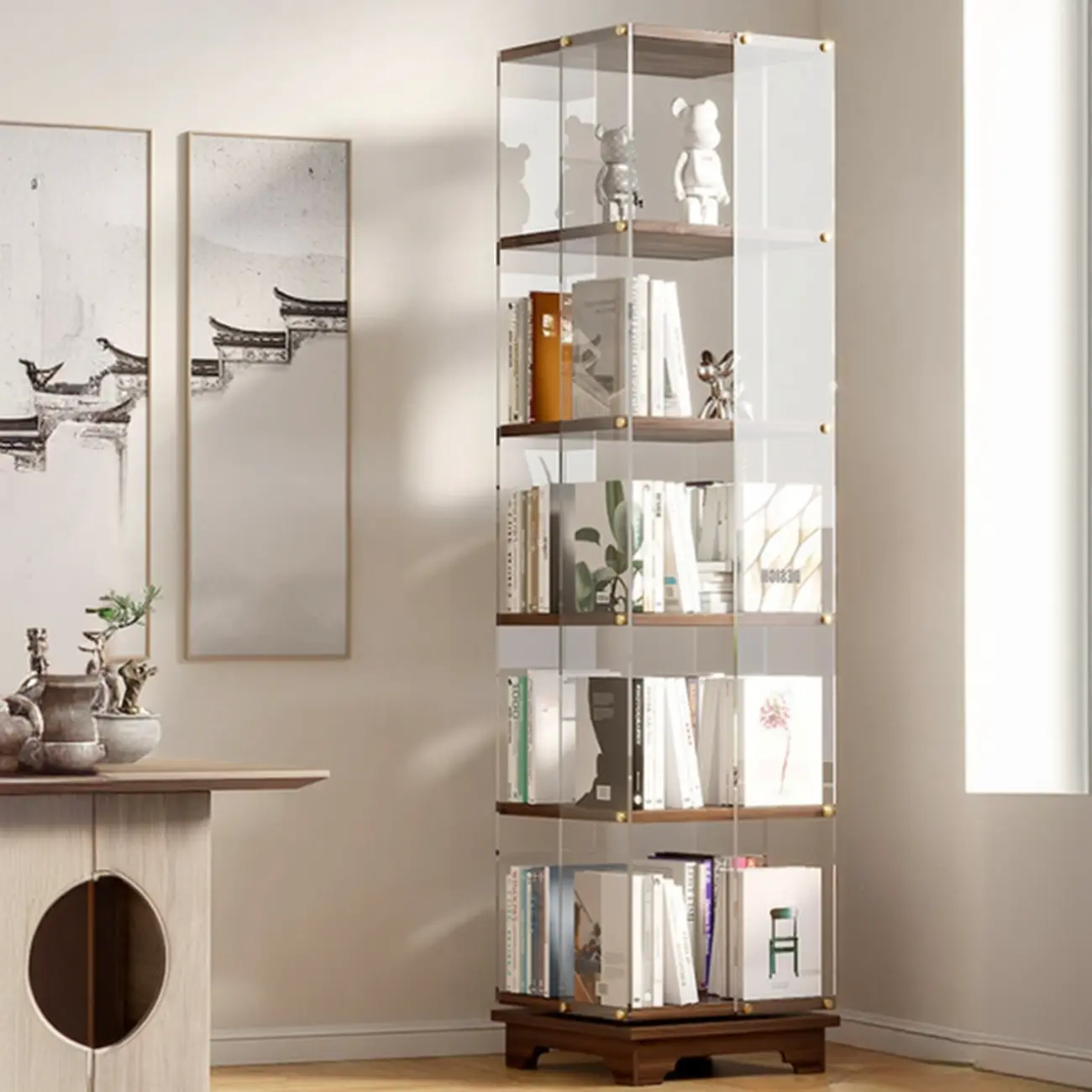 Art Deco Square Timber Shelf Glass Panel Swivel Chest