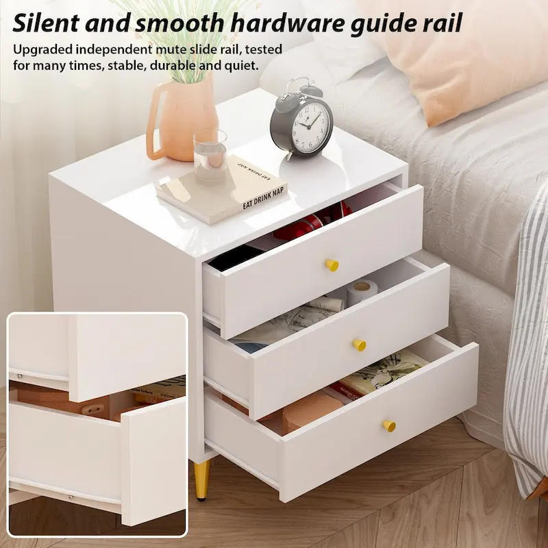 Nightstand Bedside Table 3-Drawer with Metal Legs End Table White
