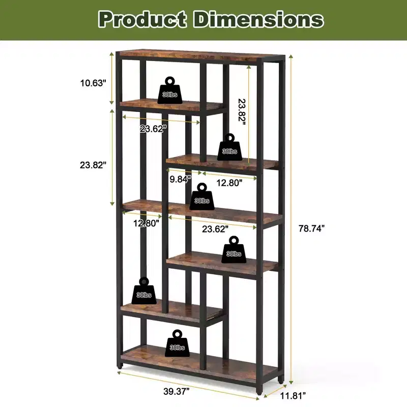 TUYOHW 79 Tall 7-Tier Bookcase,Large Open Shelf Display Unit with 10 Compartments - Modern Floor Standing Bookshelf for Living Room,Office,Brown