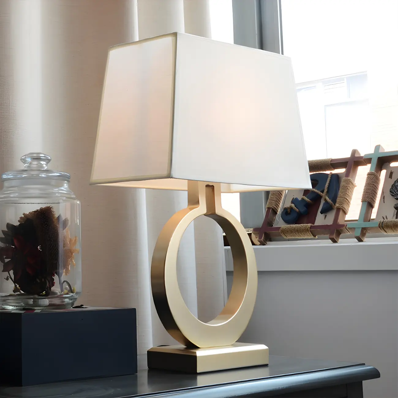 Gold Ring LED Table Lamp Square Base & Rectangle Shade