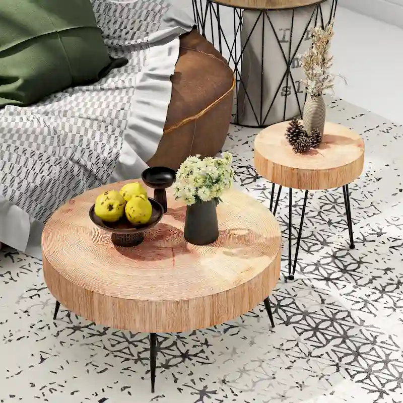 Rustic Cylindrical Wood Veneer Coffee Table – Natural / White / Light Red & Natural