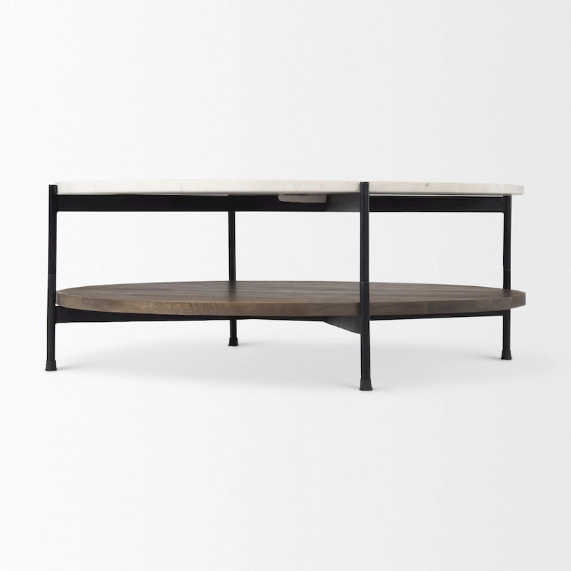 Larkin Two-Tier White Marble Top and Solid Wood Round Coffee Table