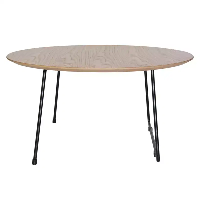 LeisureMod Pembroke Mid-Century Modern Round Coffee Table with Powder-Coated Iron Frame, Natural Wood Top