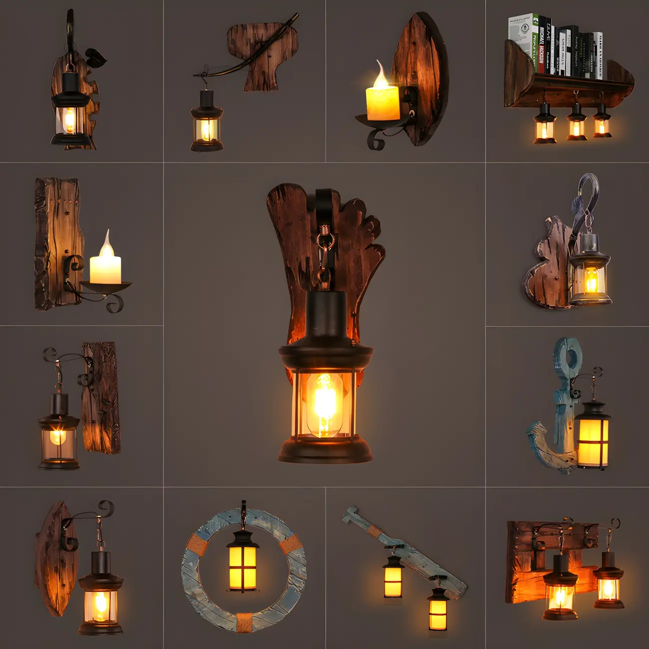 Industrial Distressed Wood Glass Black Wall Lantern Light