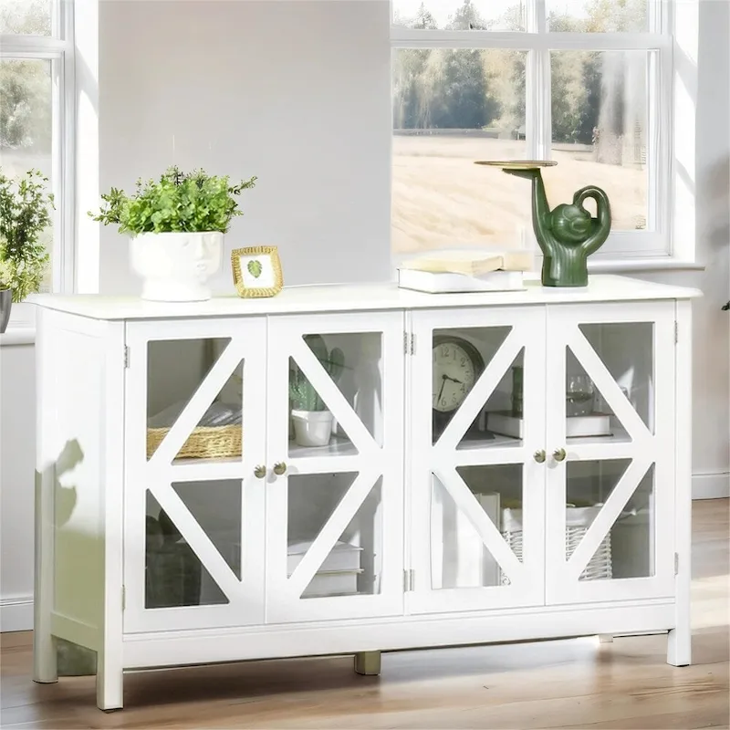 White 2-Door Buffet Sideboard with Tempered Glass and Adjustable Shelves