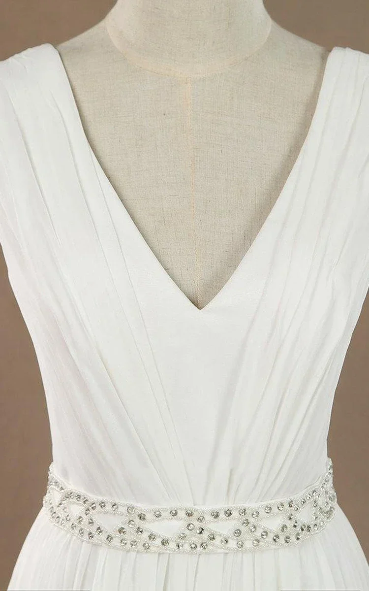 Sleeveless V-Neck Chiffon Beading High Slit Weddig Dress with Low-V Back