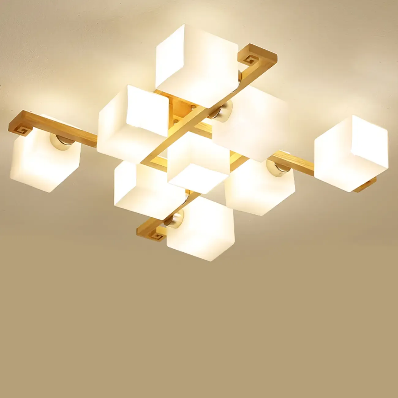 8.5 Height Square Glass Natural Wood Semi Flush Ceiling Light