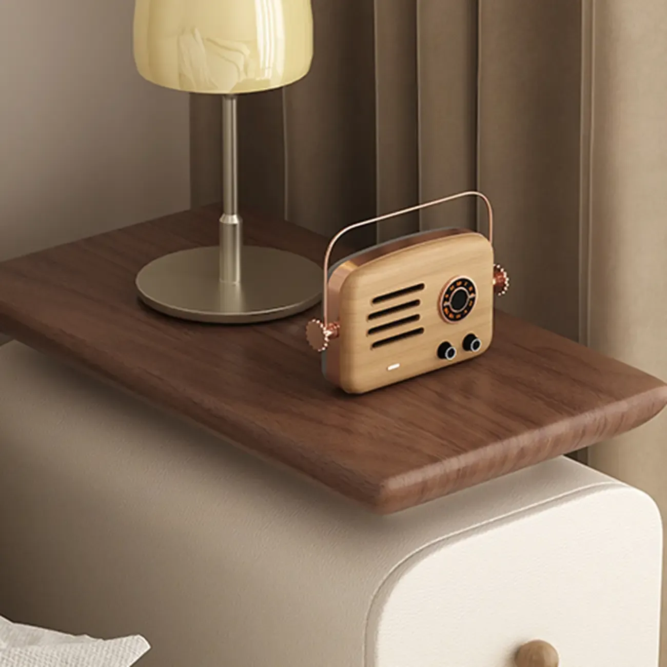 Faux Leather Modern Curved Nightstand Wood Top