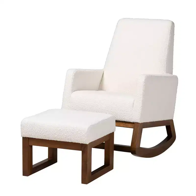 2pc Yashiya Boucle Upholstered and Wood Rocking Chairs and Ottoman Set Off White/Walnut Brown - Baxton Studio