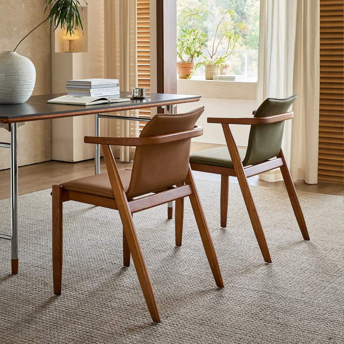 Oak wood Faux Leather Mid-Century Arm Chair