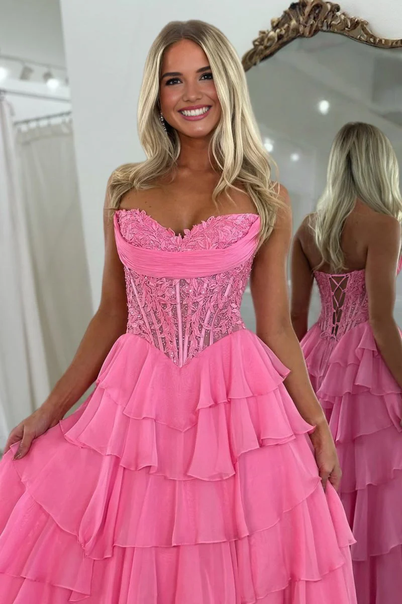Hot Pink - Strapless A Line Chiffon Ruffled Prom Dresses With Appliques