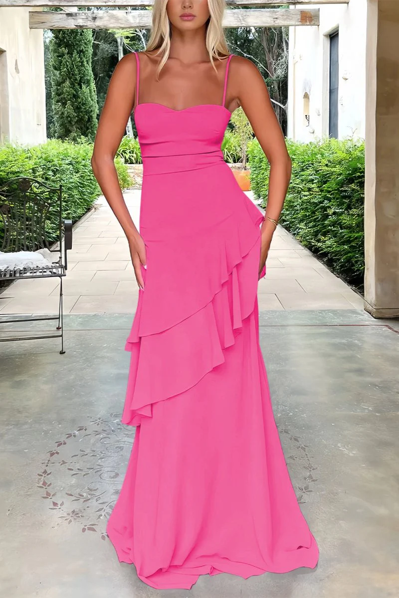 Red - Sheath Spaghetti Straps Chiffon Long Prom Dresses with Ruffles