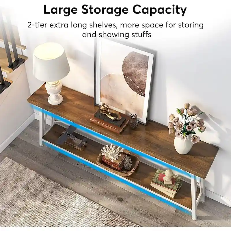 Rustic Brown Industrial Console Table with 2-Tier Storage