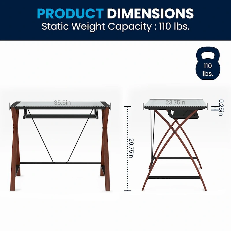 Modern Glass Top Computer Desk with Pull-out Keyboard Tray