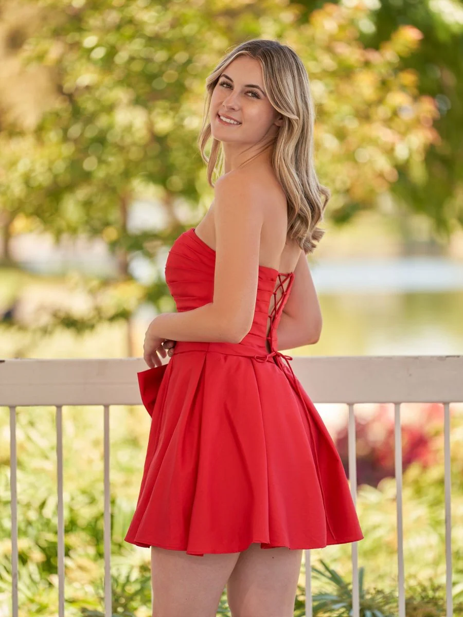 A-Line Red Strapless Mini Homecoming Dress with Bow