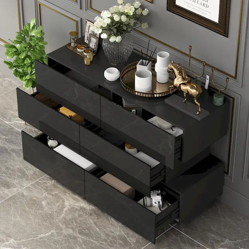 White/Black High Gloss 6-Drawer Dresser with Offset Design