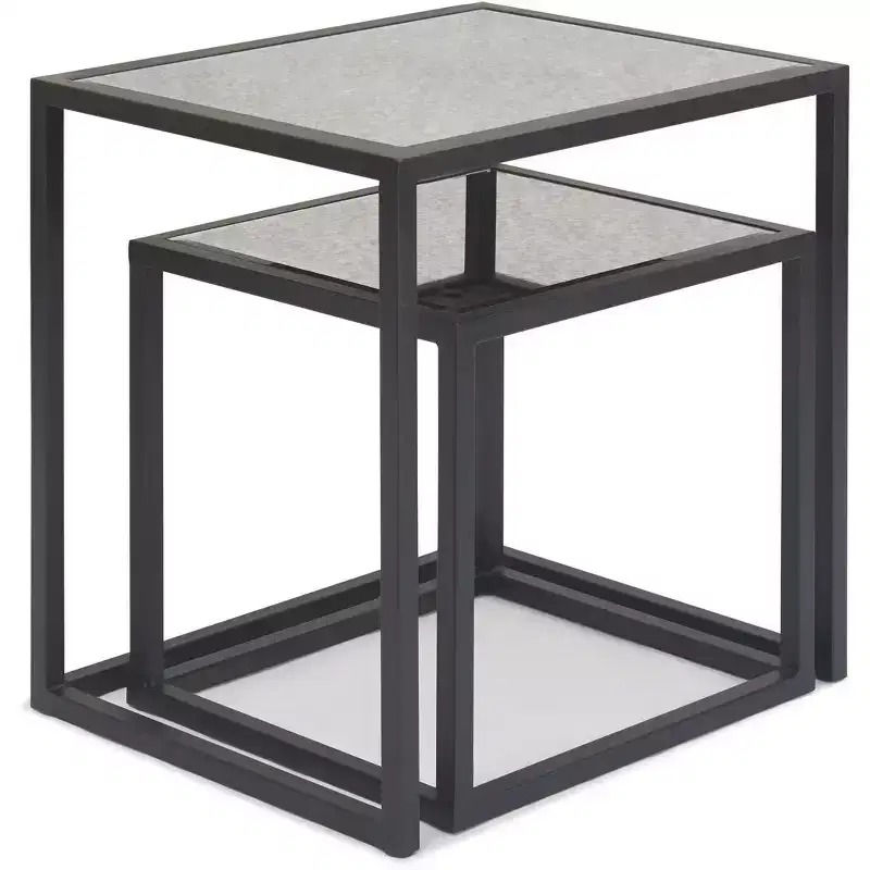 Set of 2 Gramercy Square Mirrored Accent Tables Black - Finch: Nestable, Antique Finish, Metal Frame