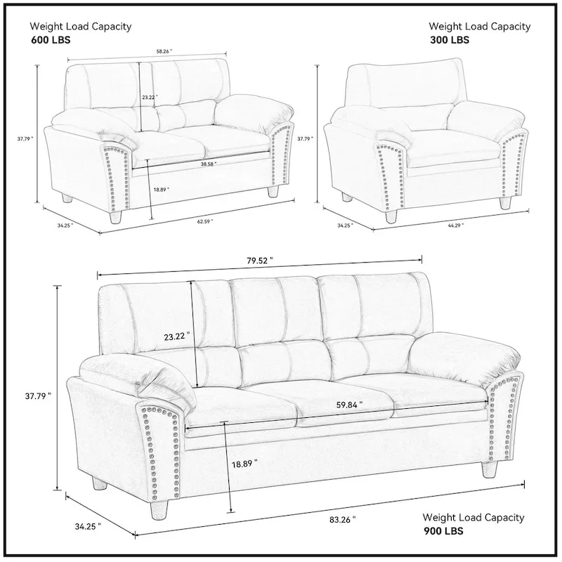 Mid-century Modern Upholstered Velvet Sofa Set with Armchair, Loveseat, 3-Seater Sofa