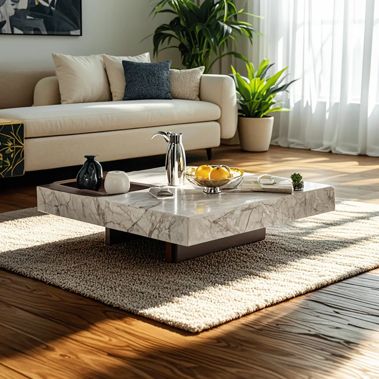 Modern Elegant White Square Coffee Table with Silver Base