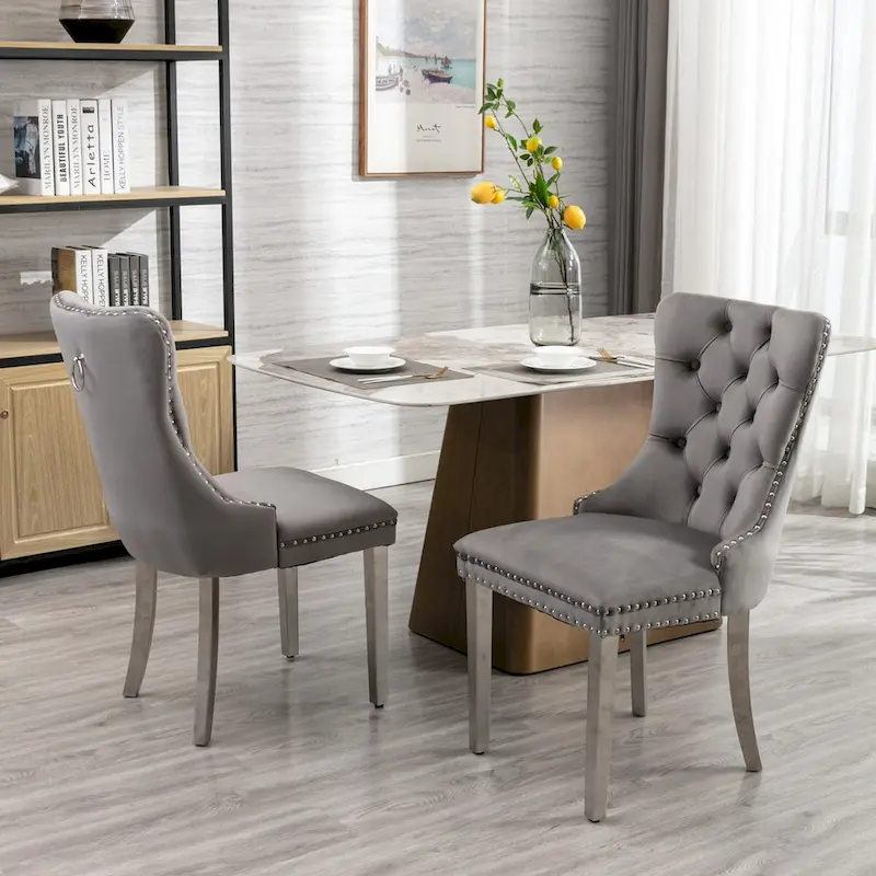 Velvet Dining Chair with Nailhead Trim and Chrome-Plated Stainless Steel Legs