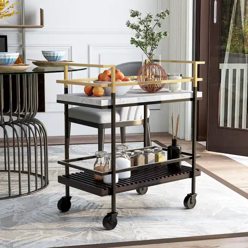 Faux White Marble & Walnut 2-Shelf Serving Cart, Black/Gold Frame