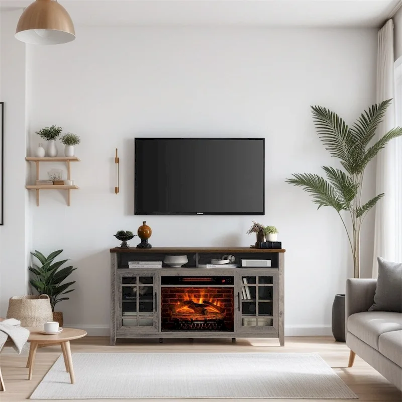 TV Media Stand with Electric Fireplace KD Inserts Heater - 55 inches