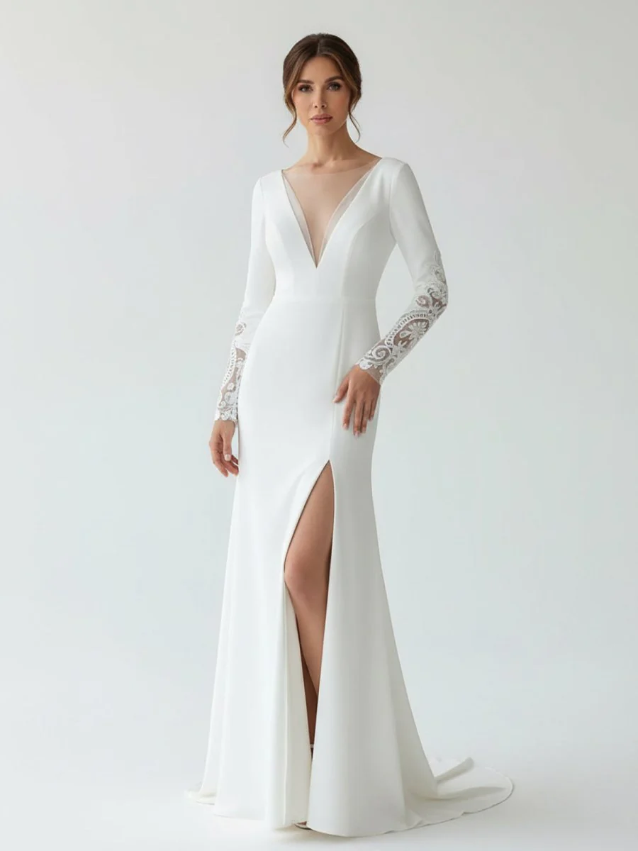 Casual V-neck mermaid Sweep Train Long Sleeve Wedding Dress With Slit