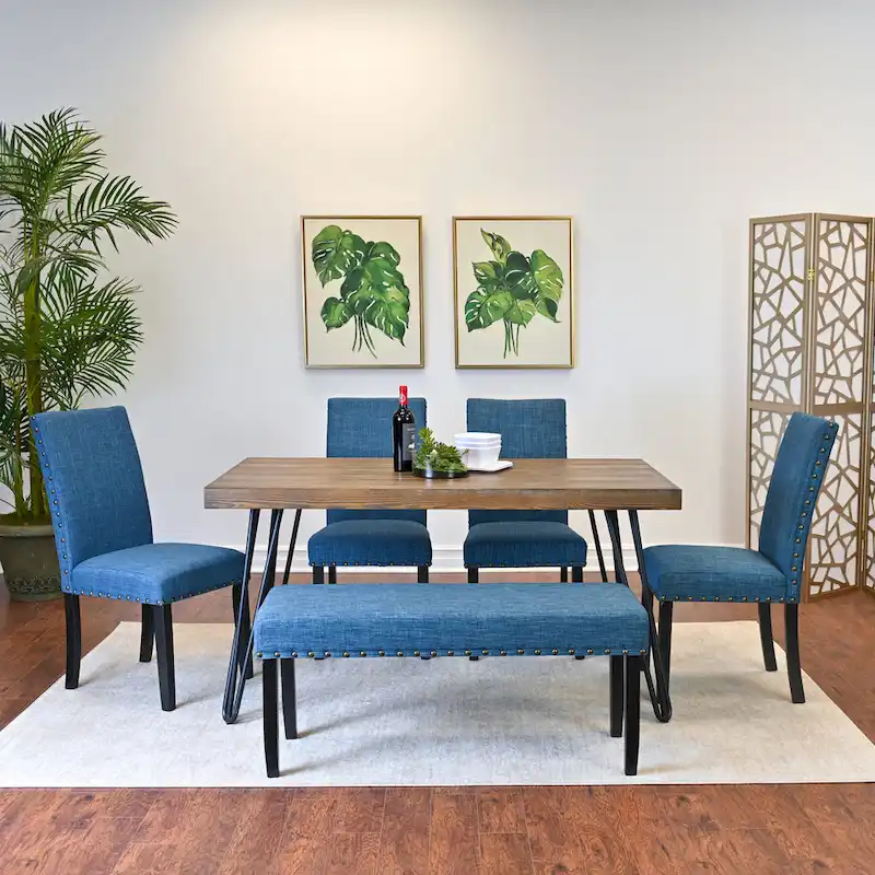 Industrial Style 6-Piece Dining Set with Rectangular Table, 4 Linen Upholstered Chairs and Bench