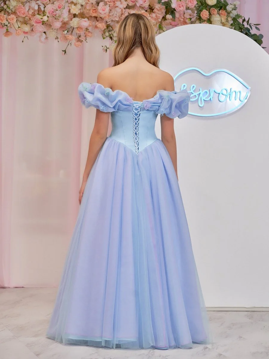 Cinderella Sky Blue Tulle Off the Shoulder With Crystals & Butterflies Ball Gown