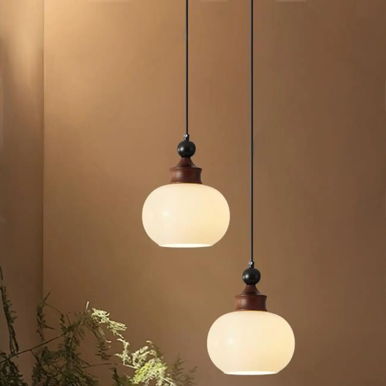 Dimmable Beige Wood Glass Globe Pendant Light