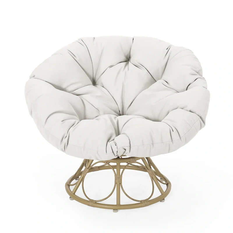Brown Wicker Swivel Papasan Chair with Tufted Fabric Cushion