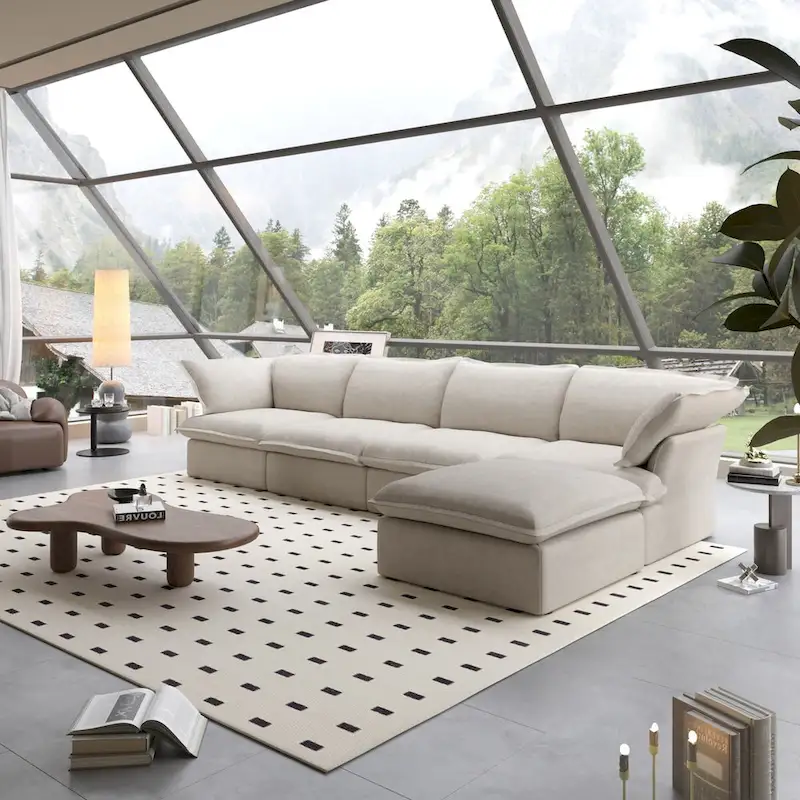 Gray Velvet L-Shape Sectional Sofa - 5 Seat