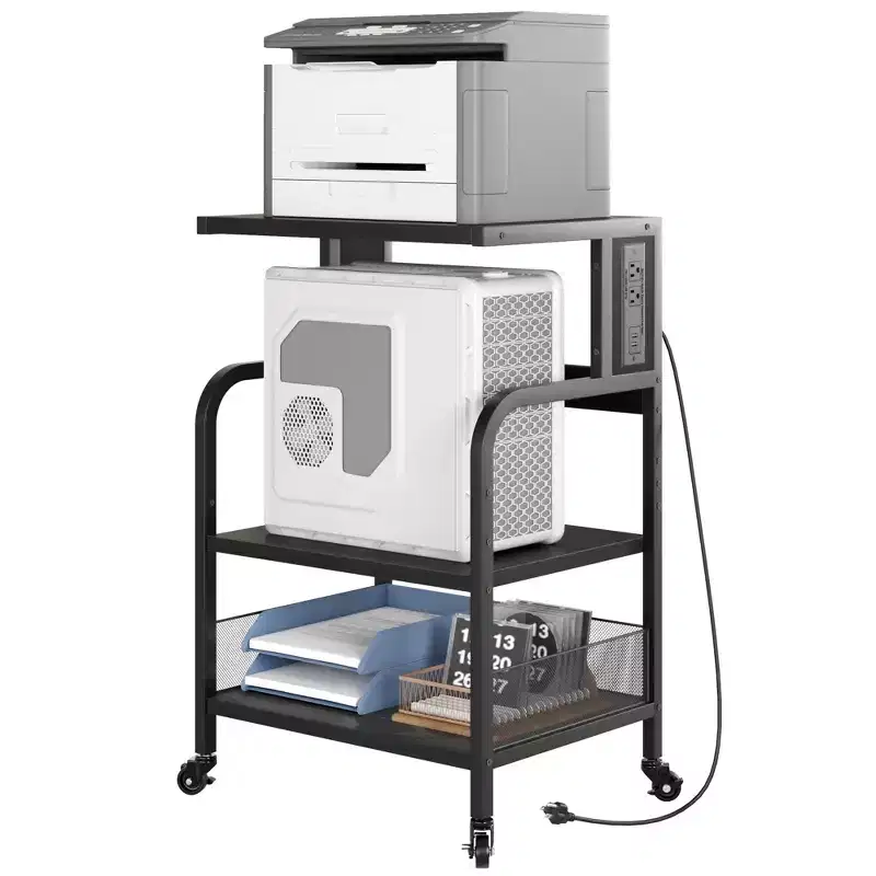 COZONY 3-Tier Rolling Printer Stand with Power Outlet, Adjustable Storage Shelf & Wheels for Home Office, Fax Machine, Scanner