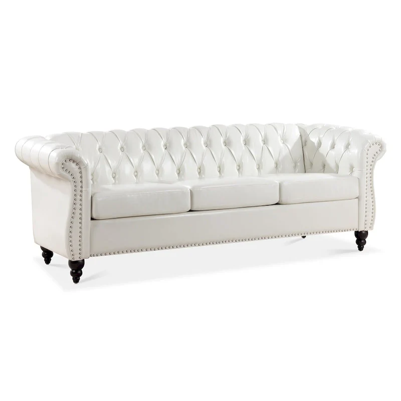 PU Leather 3-Seater Sofa with Button-Tufted Back & Rolled Arms – White, Chesterfield Style, Seats 3